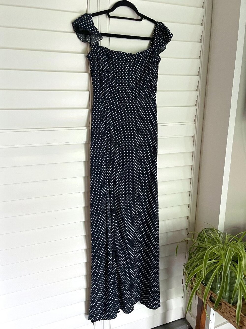 Lulus Dream Love Navy Blue Polka Dot Off the Shoulder Maxi Sundress Size Large - Picture 5 of 12